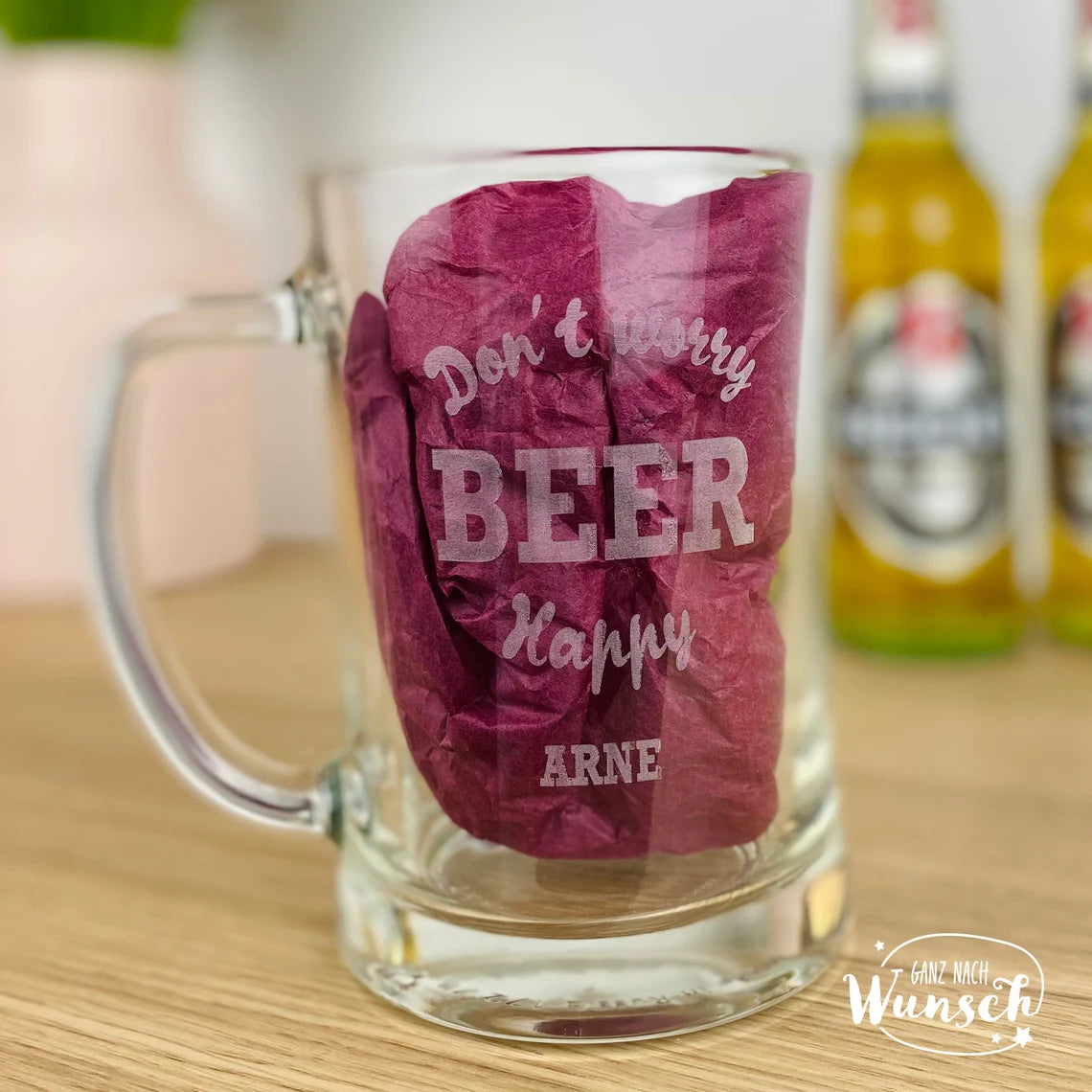 Für Ihn - Don't Worry, Beer Happy - Personalisiertes Bierglas mit Gravur