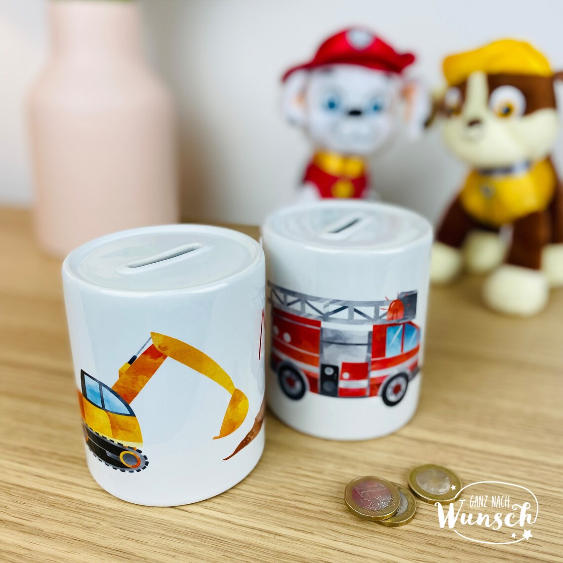 Personalisierte Spardose mit Namen und Bagger oder Feuerwehr | Geldgeschenk | Taufe | Geburtstag | Geburt | Gelddose | Geschenk zur Taufe