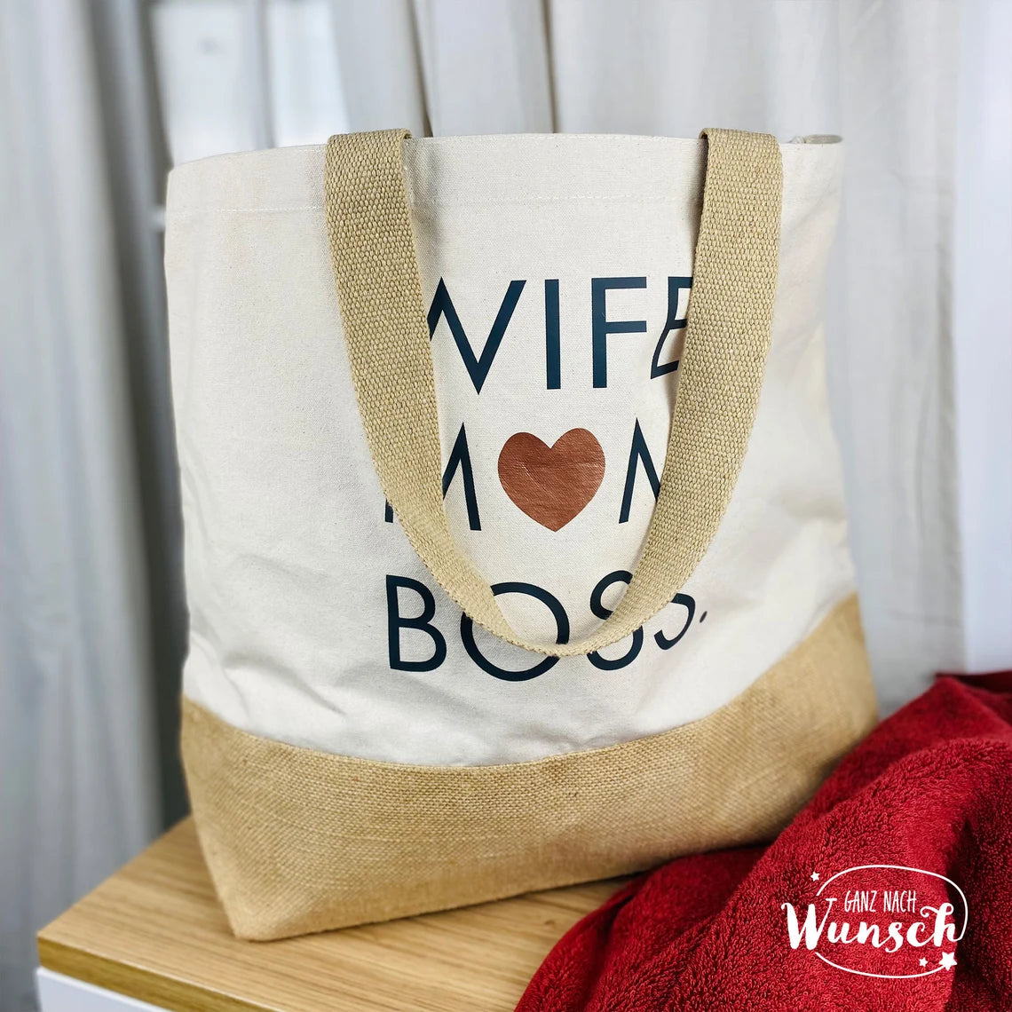 Strandtasche | Wife Mom Boss | XL | Tragetasche | große Tasche | Jute Shopper | Urlaubstasche | Muttertag | Sommertasche | Geschenk für Mama