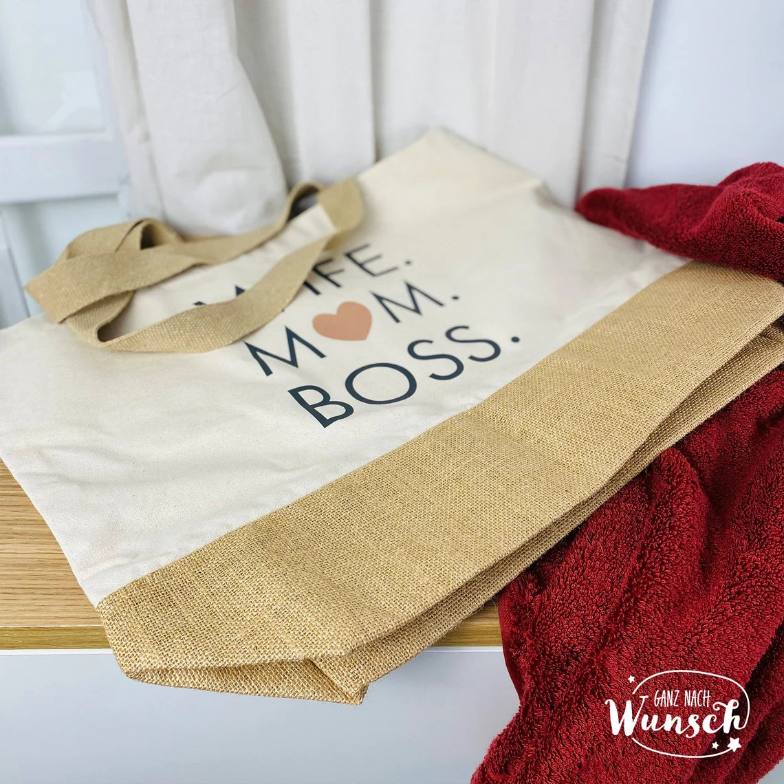 Strandtasche | Wife Mom Boss | XL | Tragetasche | große Tasche | Jute Shopper | Urlaubstasche | Muttertag | Sommertasche | Geschenk für Mama