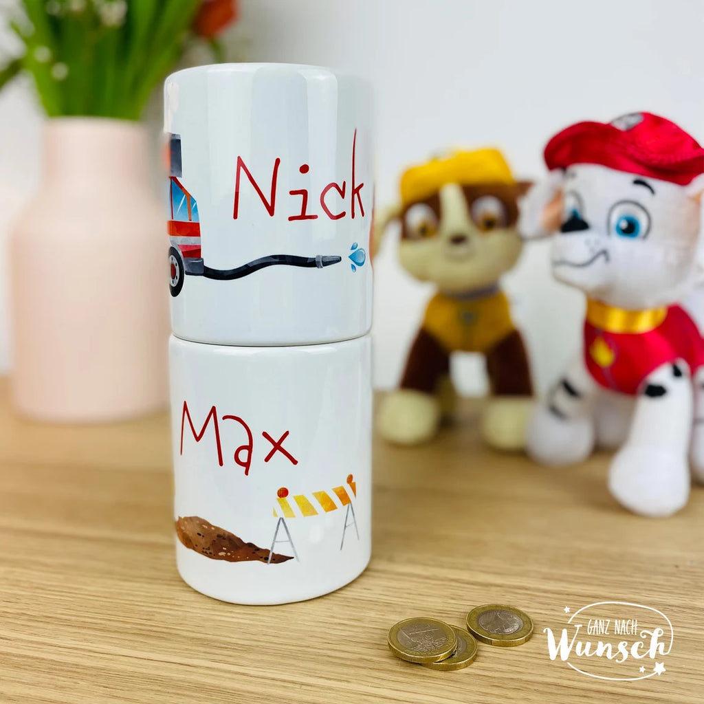 Personalisierte Spardose mit Namen und Bagger oder Feuerwehr | Geldgeschenk | Taufe | Geburtstag | Geburt | Gelddose | Geschenk zur Taufe