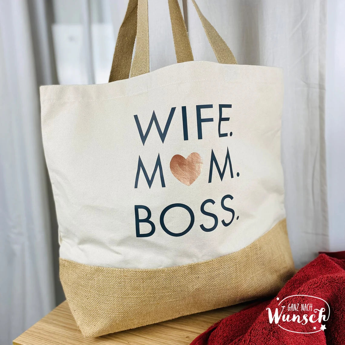 Strandtasche | Wife Mom Boss | XL | Tragetasche | große Tasche | Jute Shopper | Urlaubstasche | Muttertag | Sommertasche | Geschenk für Mama