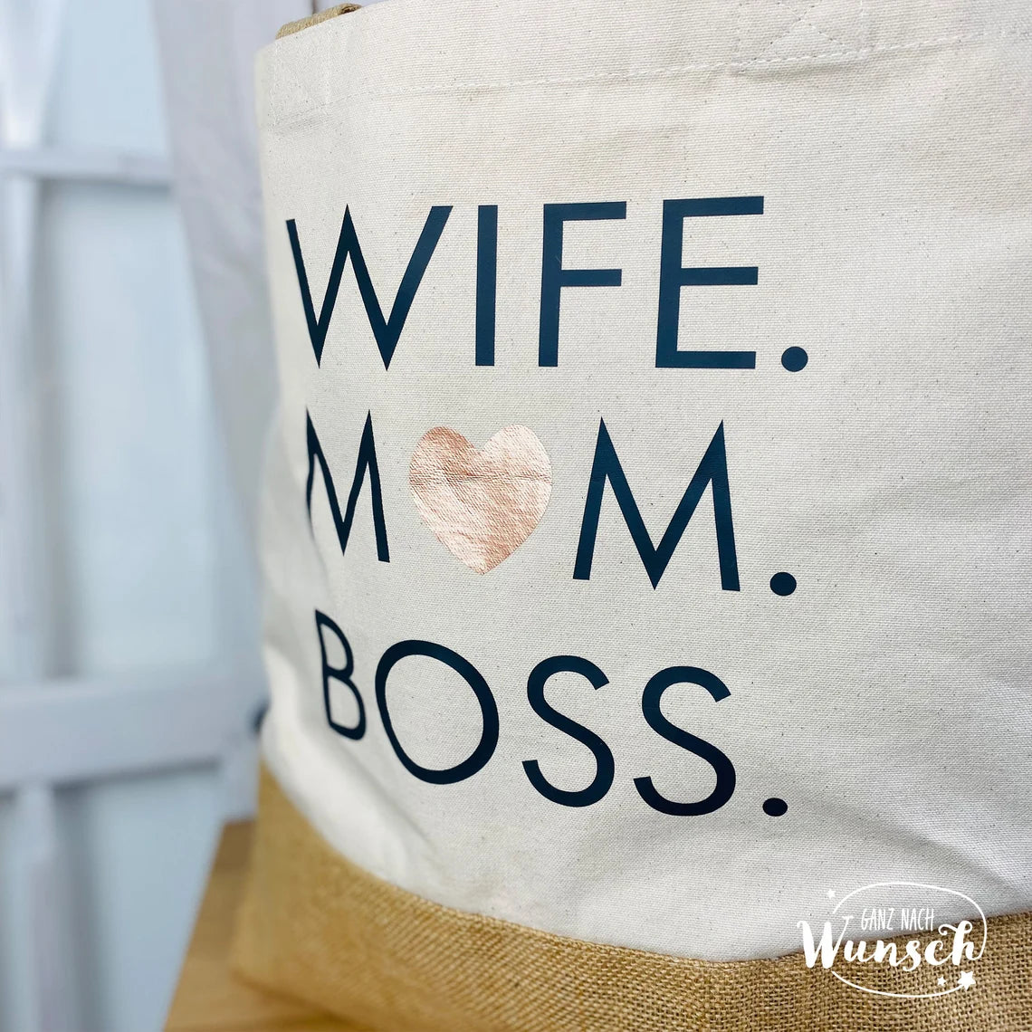 Strandtasche | Wife Mom Boss | XL | Tragetasche | große Tasche | Jute Shopper | Urlaubstasche | Muttertag | Sommertasche | Geschenk für Mama