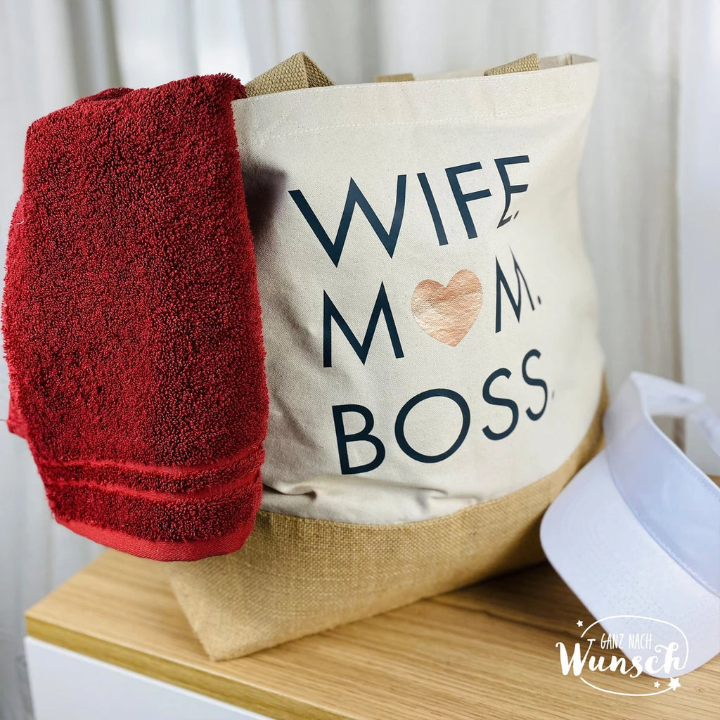 Strandtasche | Wife Mom Boss | XL | Tragetasche | große Tasche | Jute Shopper | Urlaubstasche | Muttertag | Sommertasche | Geschenk für Mama