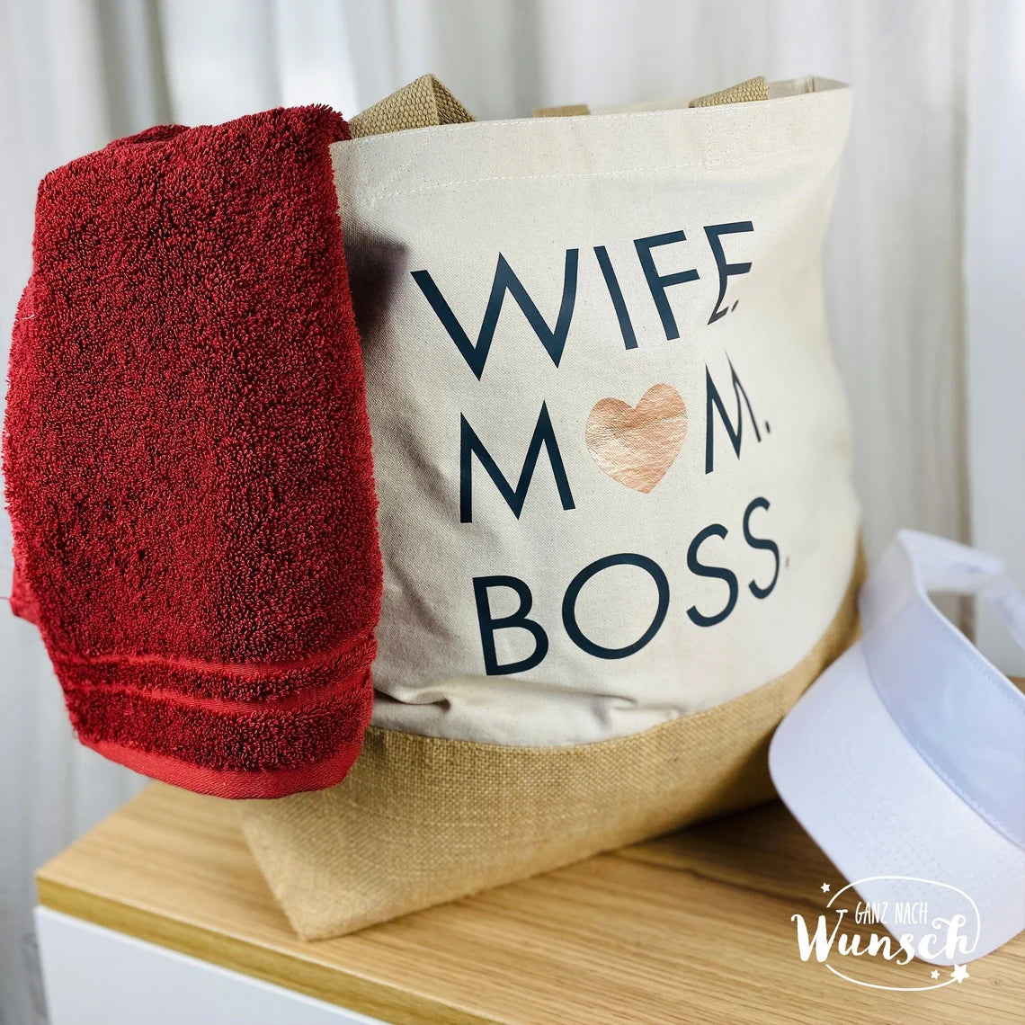 Strandtasche | Wife Mom Boss | XL | Tragetasche | große Tasche | Jute Shopper | Urlaubstasche | Muttertag | Sommertasche | Geschenk für Mama