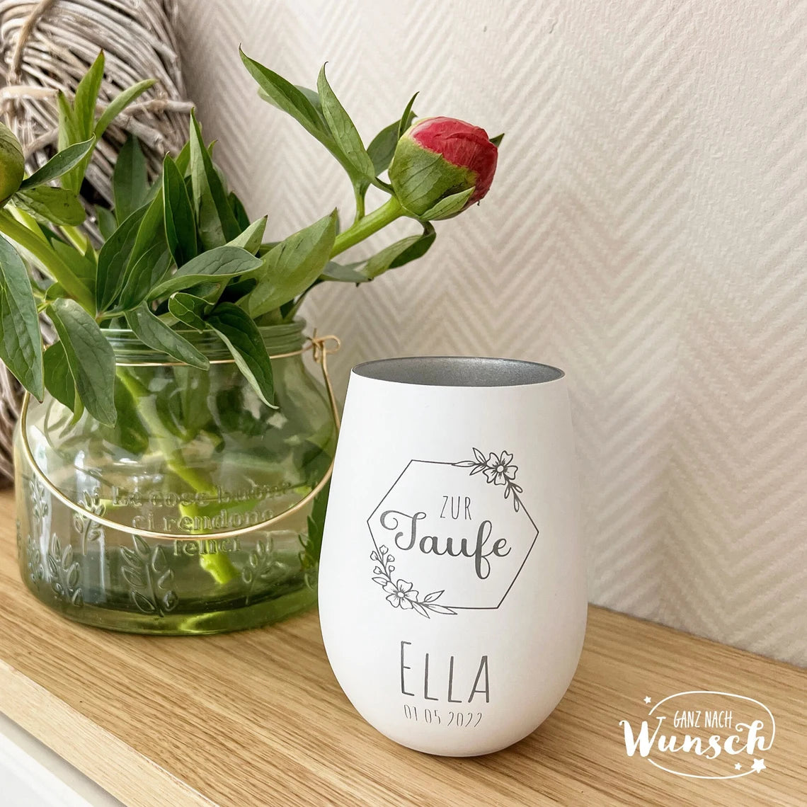 Personalisiertes Windlicht | Gravur | Kristallglas | Erinnerungslicht | Vase | Geschenk zur Taufe | Blumenkranz