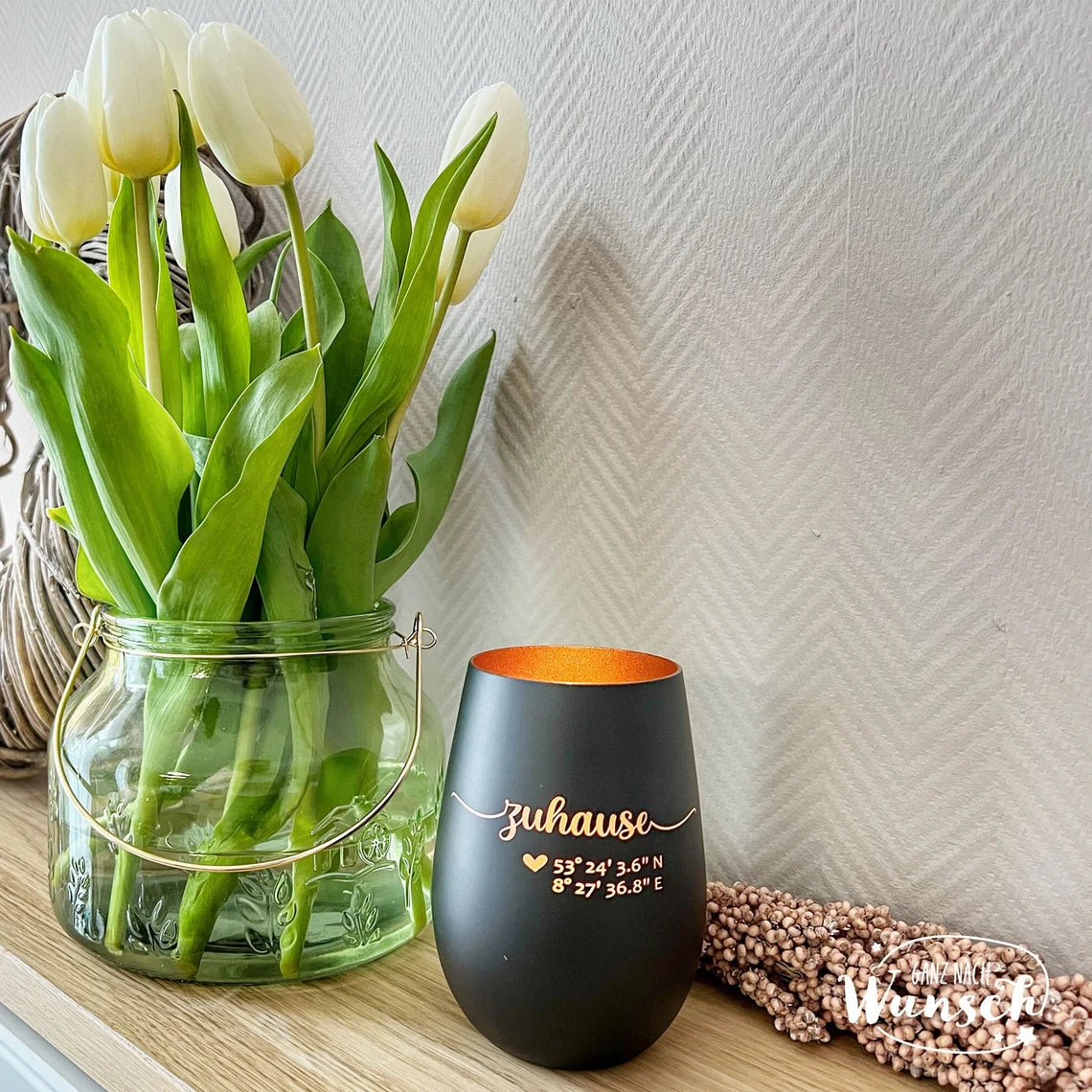 Windlicht | Koordinaten | personalisiert | Zuhause | Gravur | Kristallglas | Erinnerungslicht | Vase | Maritim | Maritimes Geschenk