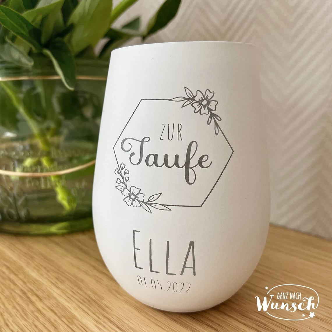 Personalisiertes Windlicht | Gravur | Kristallglas | Erinnerungslicht | Vase | Geschenk zur Taufe | Blumenkranz