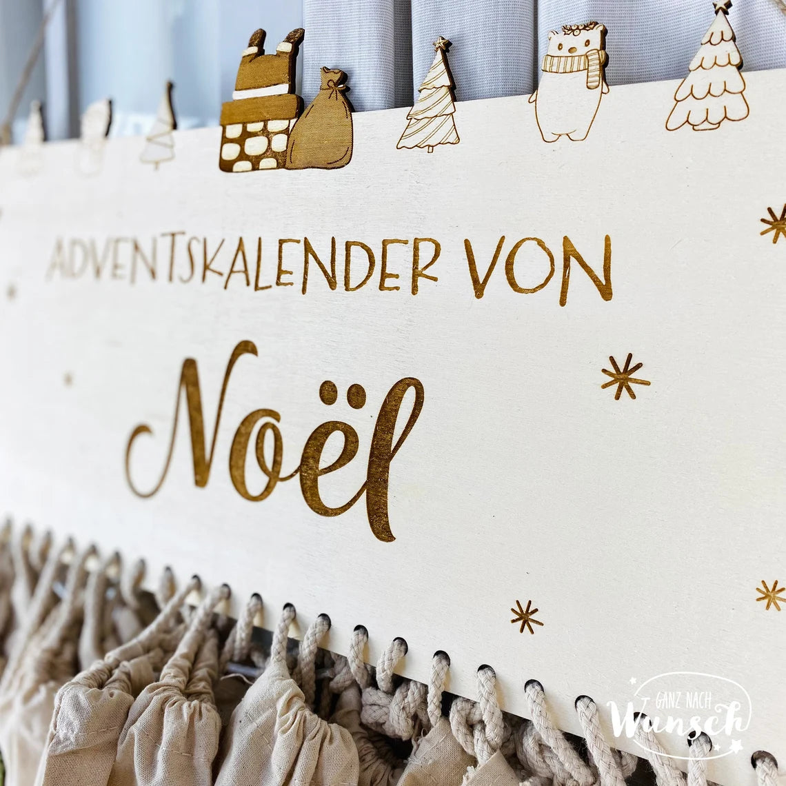 Personalisierter Adventskalender aus Holz mit Säckchen | 24 Türchen | Adventssäckchen | Holzadventskalender zum Hinhängen