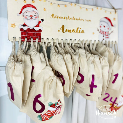 Personalisierter Adventskalender aus Holz mit Säckchen | 24 Türchen | Adventssäckchen | Holzadventskalender