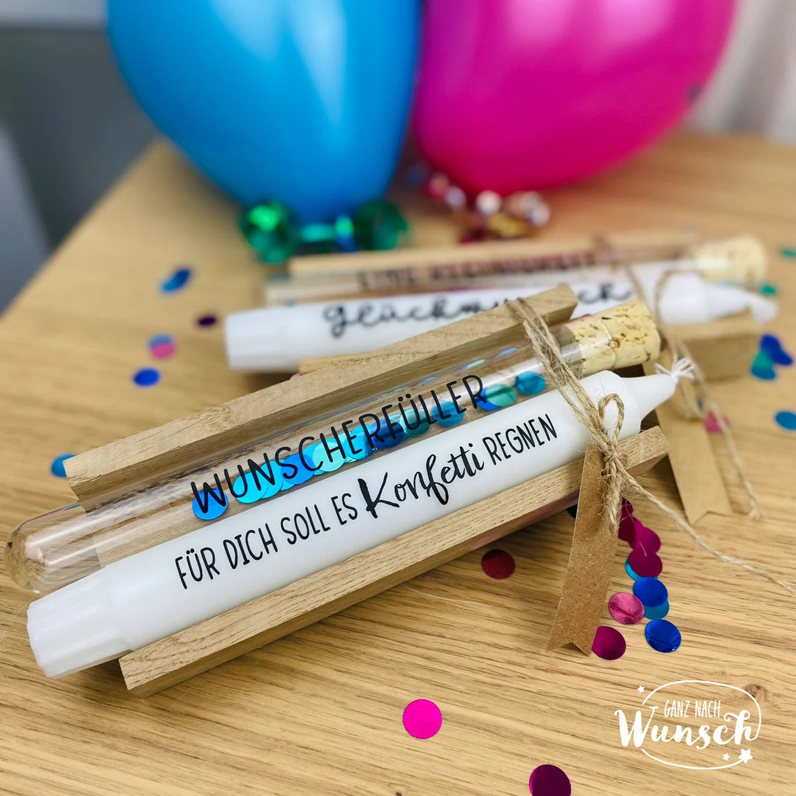 Geld Geschenkverpackung Kerze und Reagenzglas gefüllt mit Konfetti zum Geburtstag