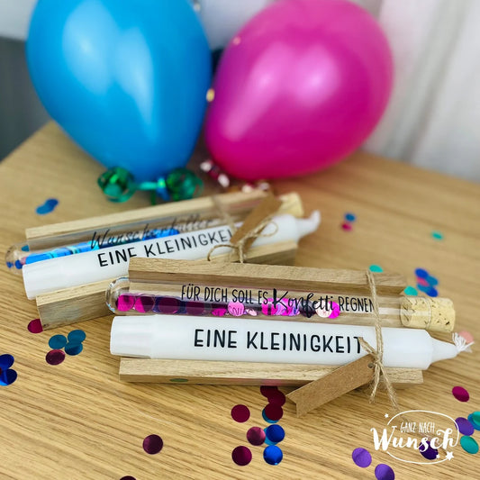 Geld Geschenkverpackung Kerze und Reagenzglas gefüllt mit Konfetti zum Geburtstag