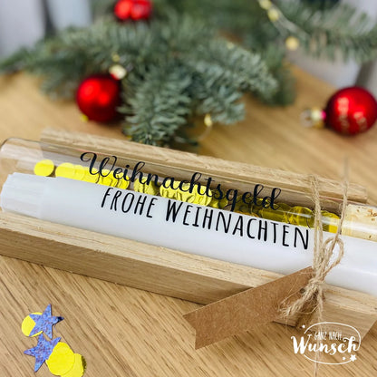 Geld Geschenkverpackung Kerze und Reagenzglas gefüllt mit Konfetti zum Geburtstag