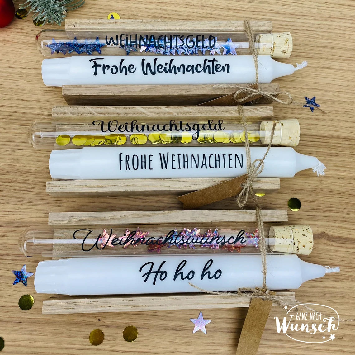 Geld Geschenkverpackung Kerze und Reagenzglas gefüllt mit Konfetti zum Geburtstag