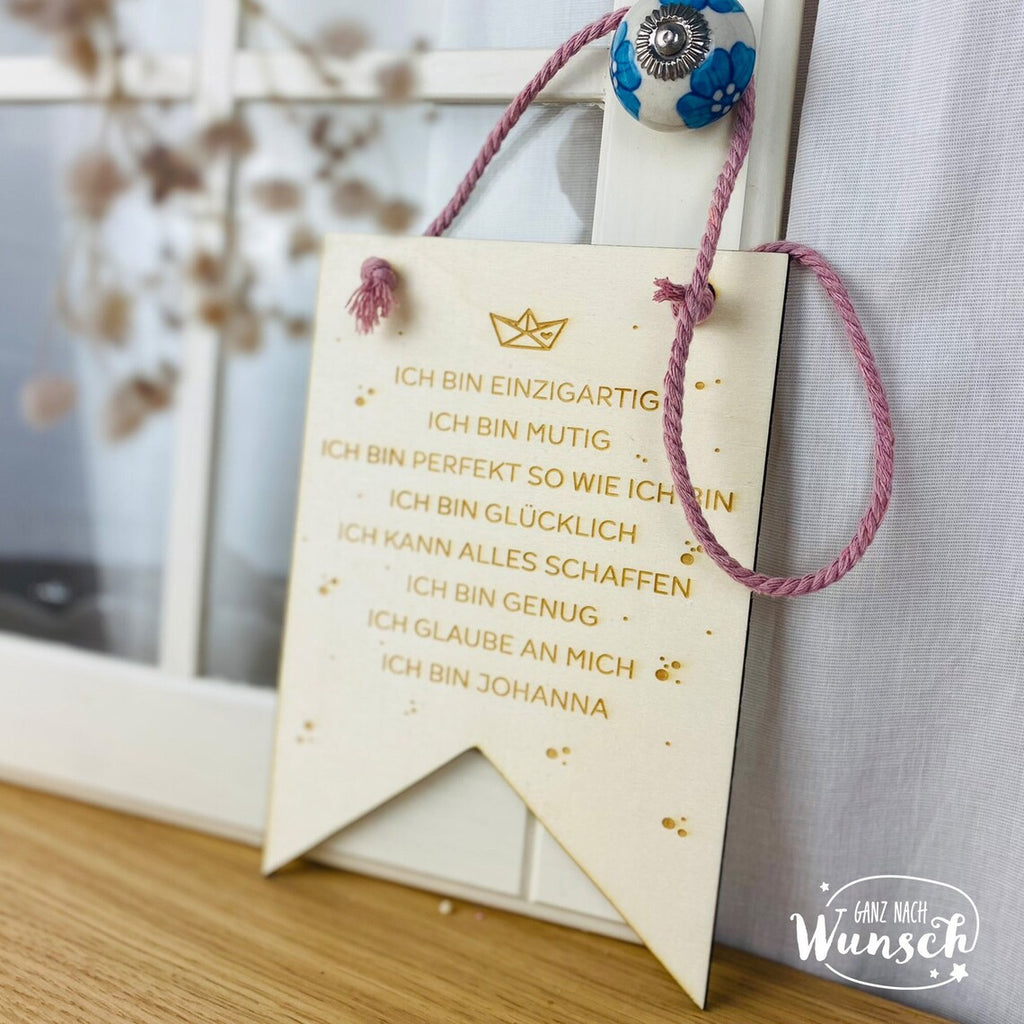 Holzschild Affirmation personalisiert - Geschenk zur Geburt | Einschulung | Taufe | Konfirmation - Motivierende Sprüche