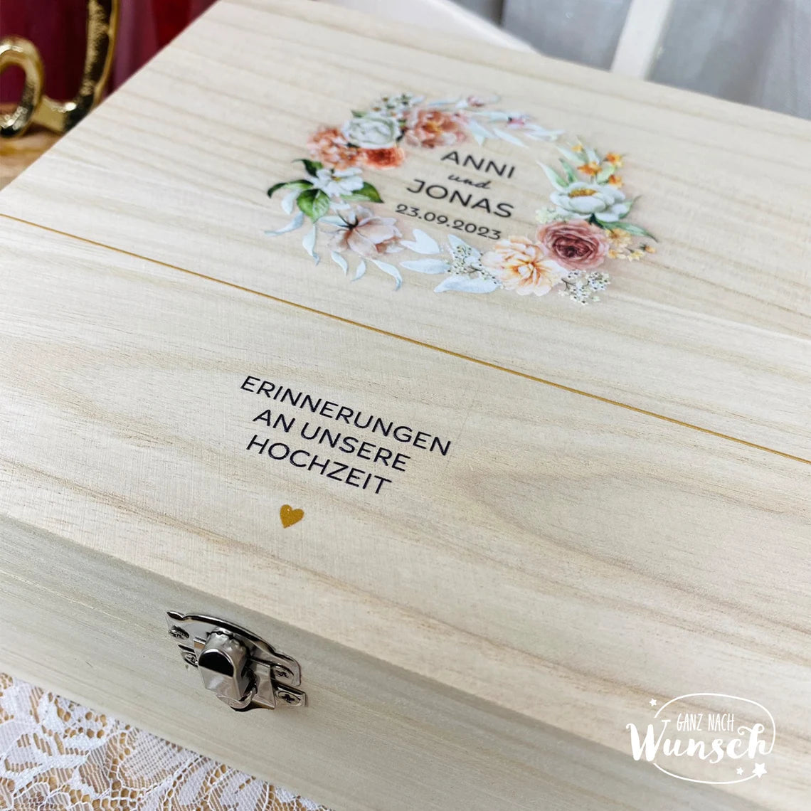 Erinnerungskiste zur Hochzeit | Personalisierte Erinnerungsbox | Holzkiste mit Bild