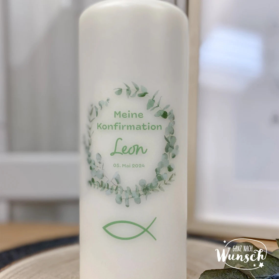 Personalisierte Kerze zur Konfirmation, Geburt, Taufe, Kommunion, Hochzeit, besonderer Anlass, Kranz, florales Design, Konfirmationskerze