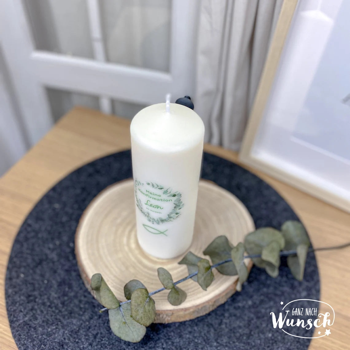 Personalisierte Kerze zur Konfirmation, Geburt, Taufe, Kommunion, Hochzeit, besonderer Anlass, Kranz, florales Design, Konfirmationskerze