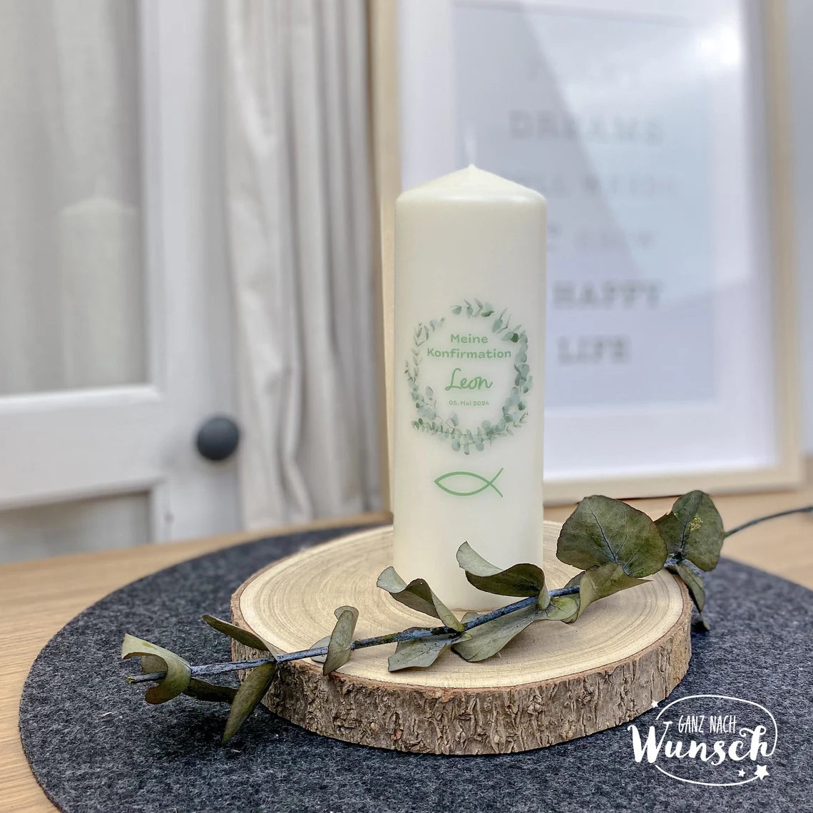Personalisierte Kerze zur Konfirmation, Geburt, Taufe, Kommunion, Hochzeit, besonderer Anlass, Kranz, florales Design, Konfirmationskerze