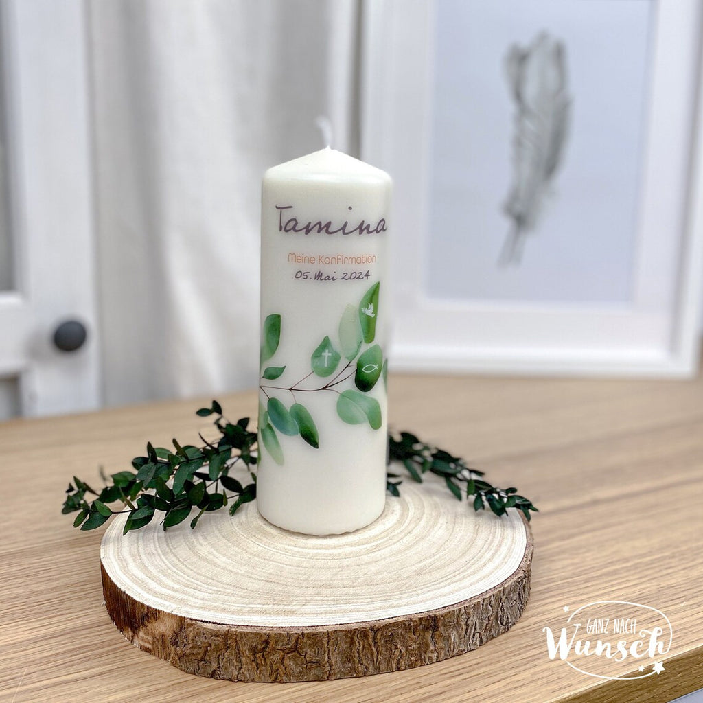 Personalisierte Kerze zur Konfirmation mit Namen und Datum, Zweig mit christlichen Symbolen, persönliches Geschenk für besonderen Anlass