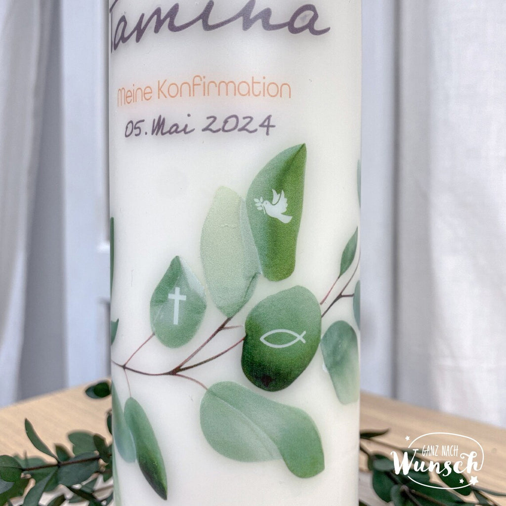 Personalisierte Kerze zur Konfirmation mit Namen und Datum, Zweig mit christlichen Symbolen, persönliches Geschenk für besonderen Anlass