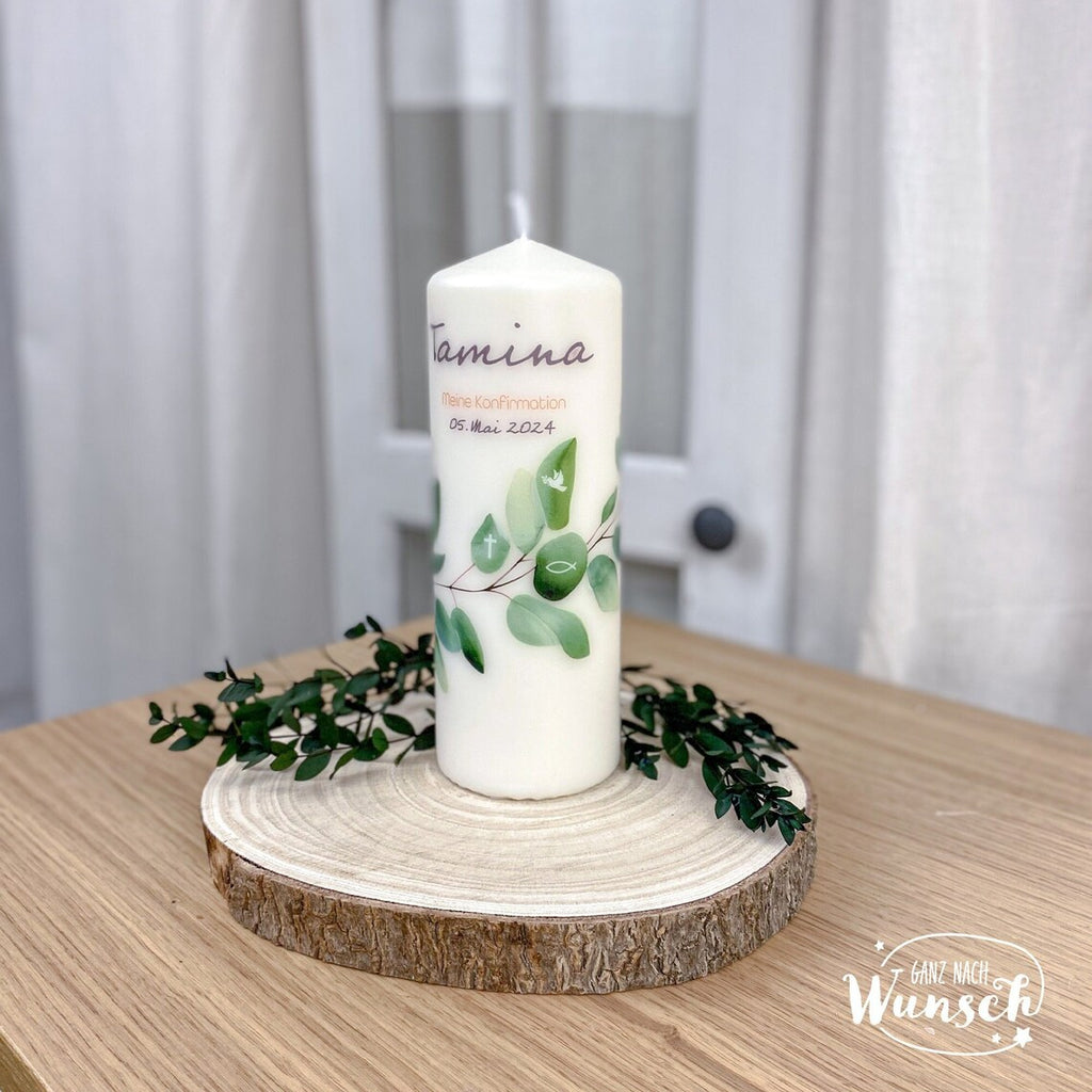 Personalisierte Kerze zur Konfirmation mit Namen und Datum, Zweig mit christlichen Symbolen, persönliches Geschenk für besonderen Anlass
