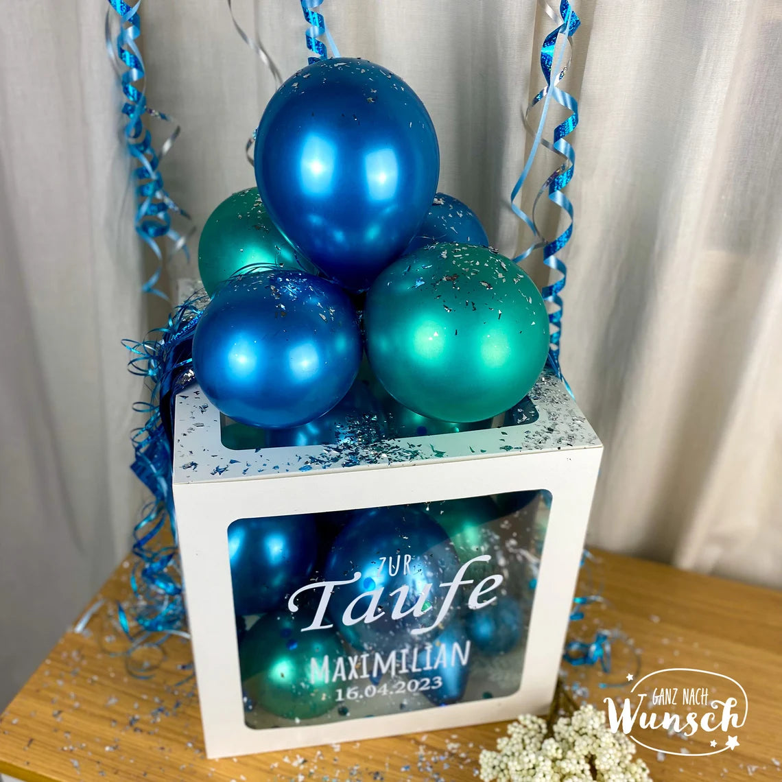 Taufe Geschenkbox für Jungs mit Ballons, Personalisierte Dekoration, Kreative Luftballonverpackung, Einzigartige Erinnerung