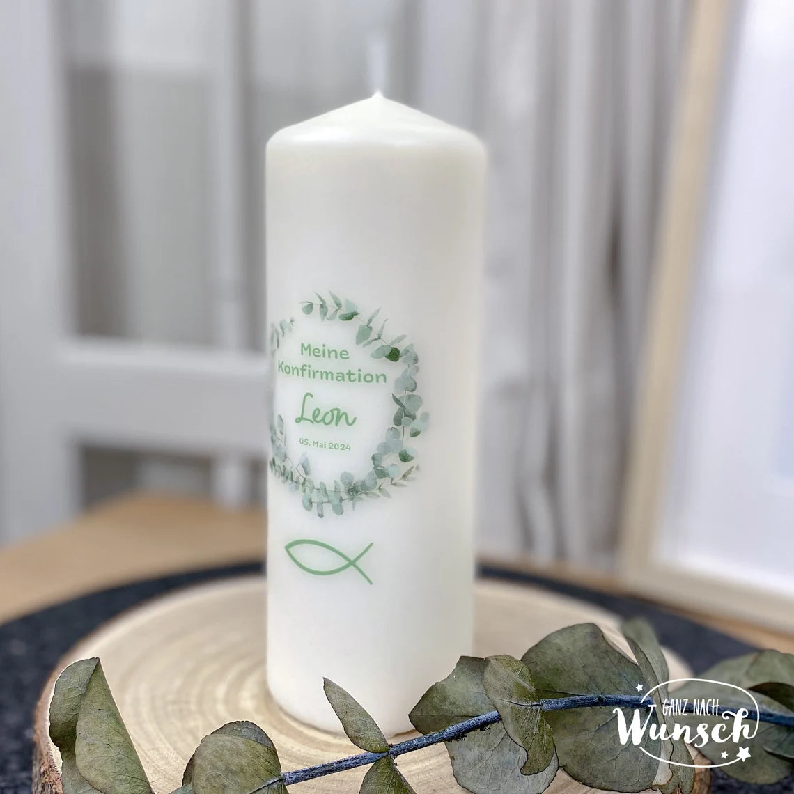 Personalisierte Kerze zur Konfirmation, Geburt, Taufe, Kommunion, Hochzeit, besonderer Anlass, Kranz, florales Design, Konfirmationskerze
