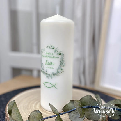 Personalisierte Kerze zur Konfirmation, Geburt, Taufe, Kommunion, Hochzeit, besonderer Anlass, Kranz, florales Design, Konfirmationskerze