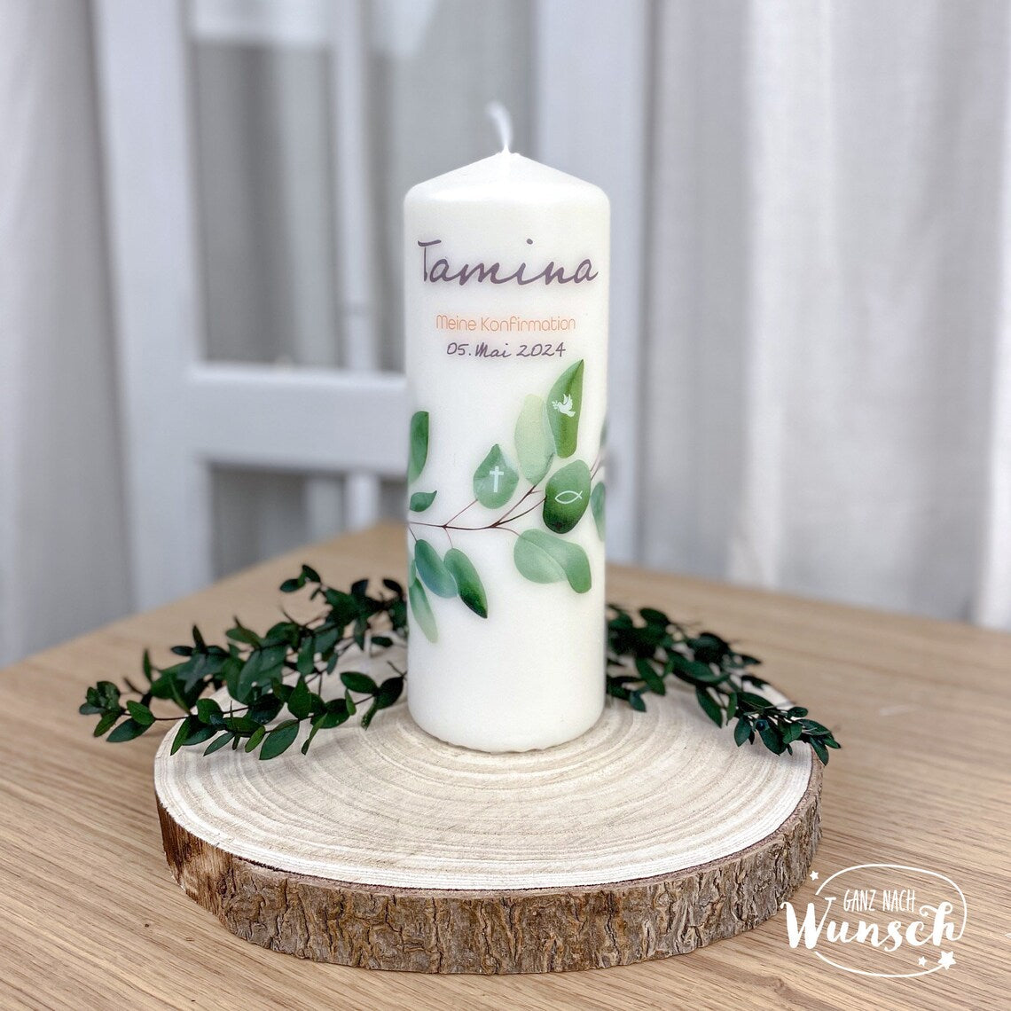 Personalisierte Kerze zur Konfirmation mit Namen und Datum, Zweig mit christlichen Symbolen, persönliches Geschenk für besonderen Anlass