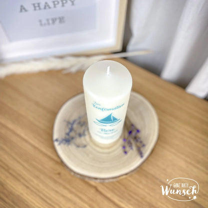 Personalisierte Konfirmationskerze mit Segelboot, Fischen und inspirierendem Vers, besonderes Geschenk zur Konfirmation, Kommunion, Taufe