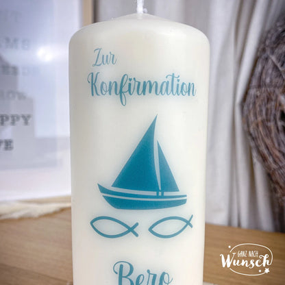 Personalisierte Konfirmationskerze mit Segelboot, Fischen und inspirierendem Vers, besonderes Geschenk zur Konfirmation, Kommunion, Taufe