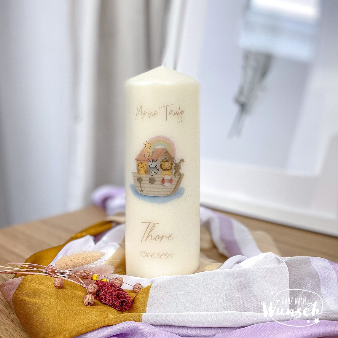 Personalisierte Taufkerze | Geburt | Konfirmationskerze | Kommunion | Hochzeit | Geschenkidee Junge Mädchen Kind | Kerze Taufe | Arche Noah