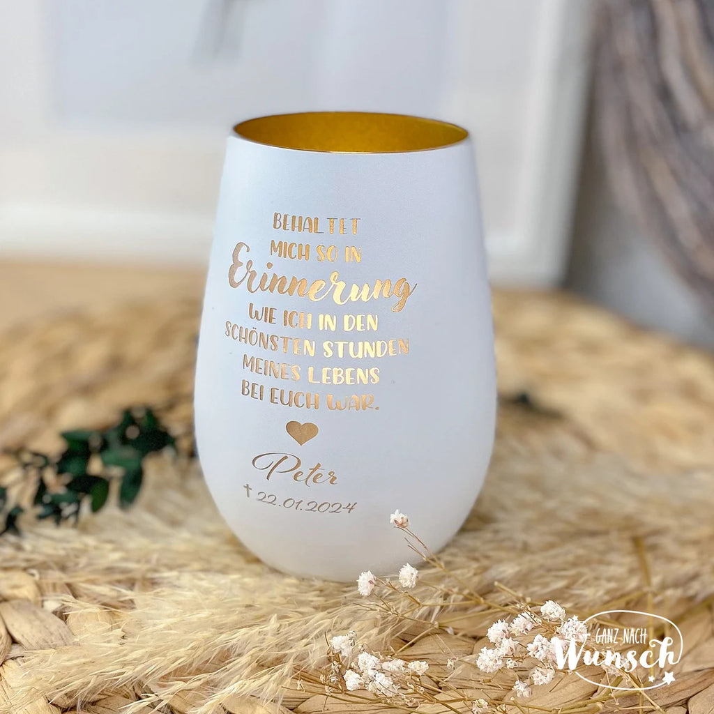Personalisiertes Windlicht | Gravierte Gedenkkerze | Erinnerungslicht mit Gravur | Kristallglas | Vase | Trauer | Grablicht | Andenken