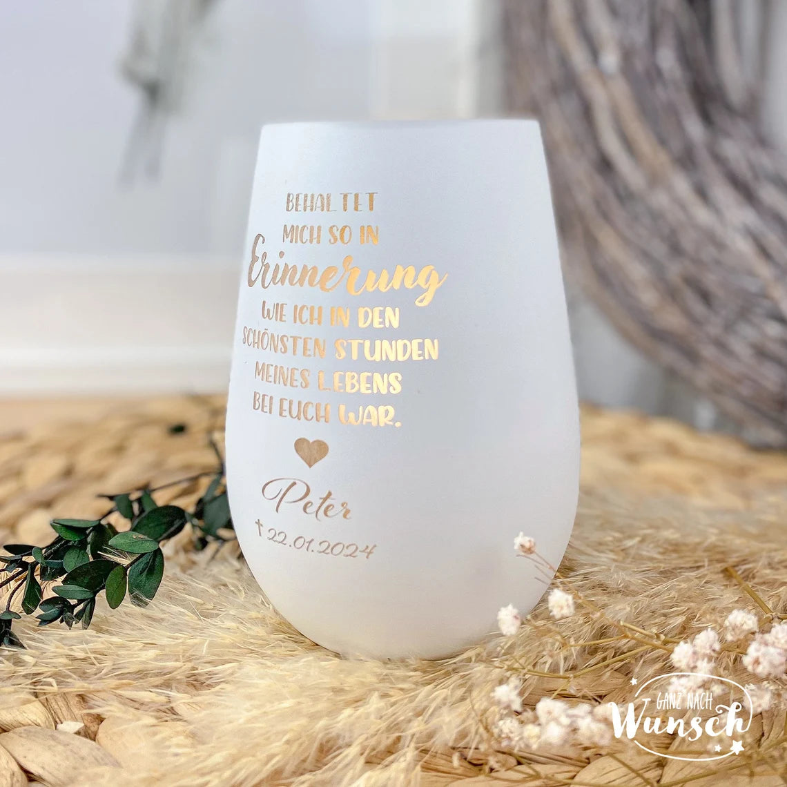 Personalisiertes Windlicht | Gravierte Gedenkkerze | Erinnerungslicht mit Gravur | Kristallglas | Vase | Trauer | Grablicht | Andenken