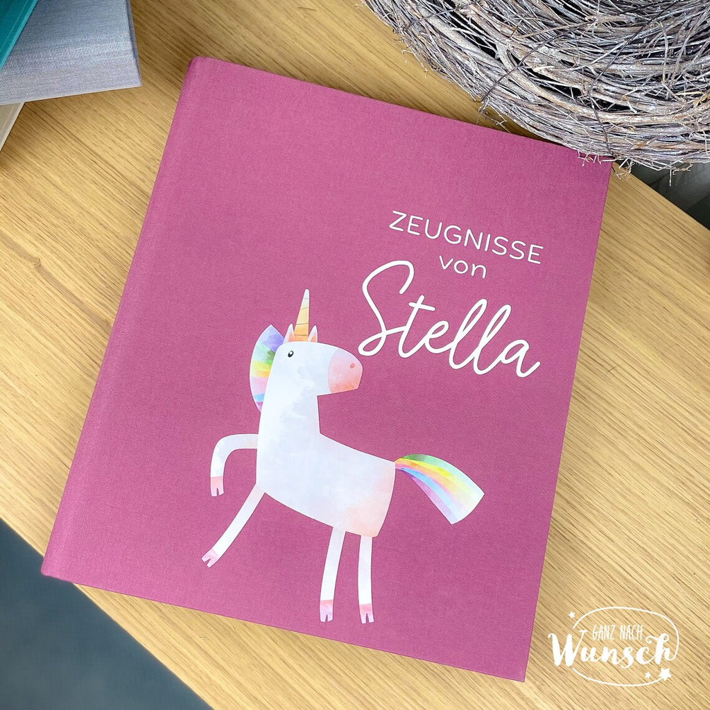 Personalisierte Zeugnismappe für Mädchen mit Einhorn | Zeugnisordner DIN A4 | Dokumentenmappe Kinder | Geschenk zur Einschulung | Schulkind