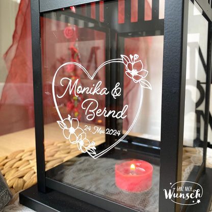 Hochzeitsgeschenk Laterne mit Herz, Name, Datum | personalisiertes Geschenk Hochzeit | Windlicht | Valentinstag | Jahrestag | zum aufhängen