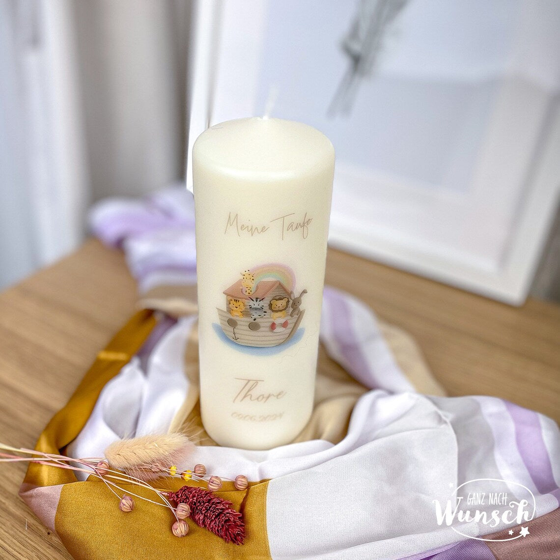 Personalisierte Taufkerze | Geburt | Konfirmationskerze | Kommunion | Hochzeit | Geschenkidee Junge Mädchen Kind | Kerze Taufe | Arche Noah