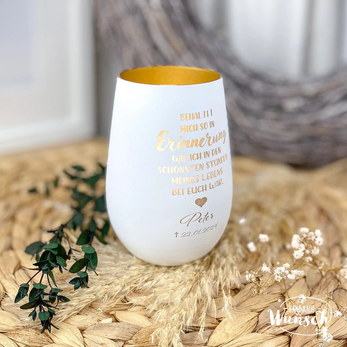 Personalisiertes Windlicht | Gravierte Gedenkkerze | Erinnerungslicht mit Gravur | Kristallglas | Vase | Trauer | Grablicht | Andenken