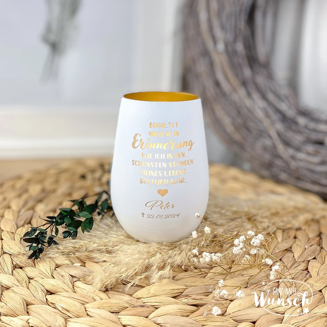 Personalisiertes Windlicht | Gravierte Gedenkkerze | Erinnerungslicht mit Gravur | Kristallglas | Vase | Trauer | Grablicht | Andenken