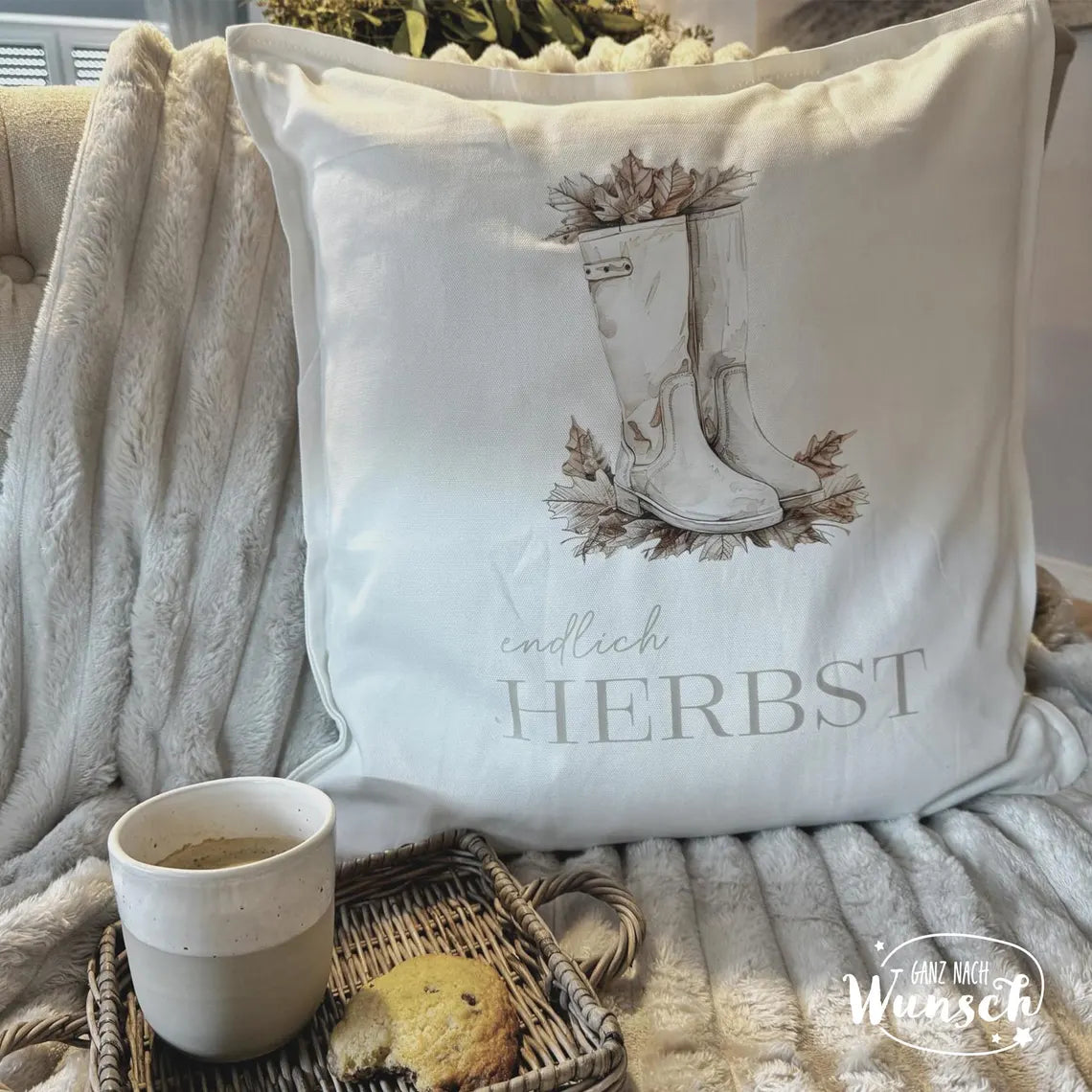 Kissenbezug | Cozy | 50x50cm | Kissenhülle | Baumwolle | Boho | Skandinavisch | Herbst | Geschenk | Blumenkranz | Beige