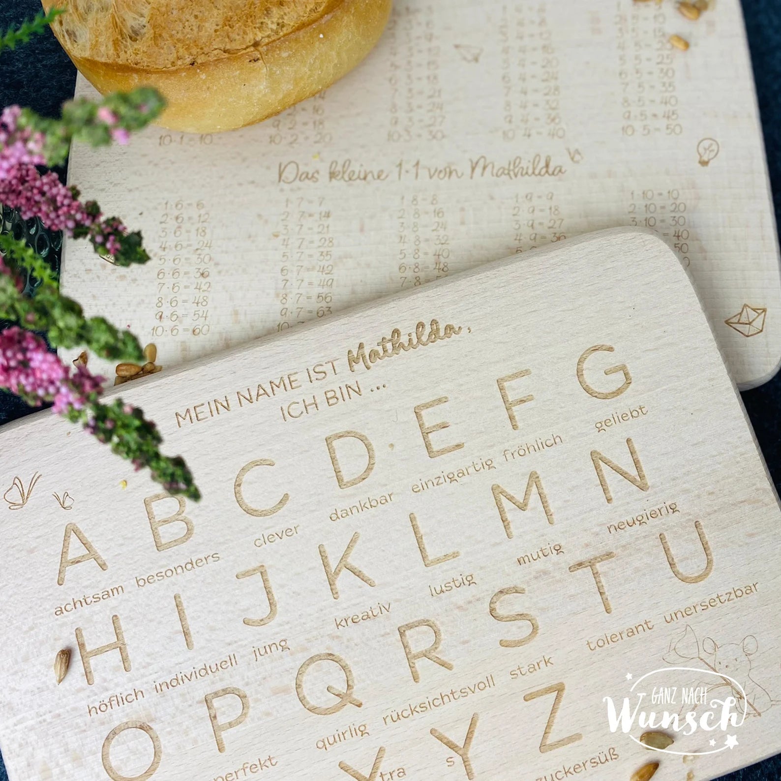 Personalisiertes Frühstücksbrettchen aus Holz zur Einschulung mit ABC oder kleinem 1x1 | Geschenk zur Einschulung, Schulanfang Erstklässler