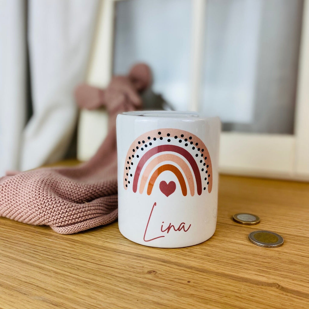 Personalisierte Spardose mit Namen und Regenbogen | Geldgeschenk | Taufe | Geburtstag | Geburt | Gelddose | Geschenk zur Taufe