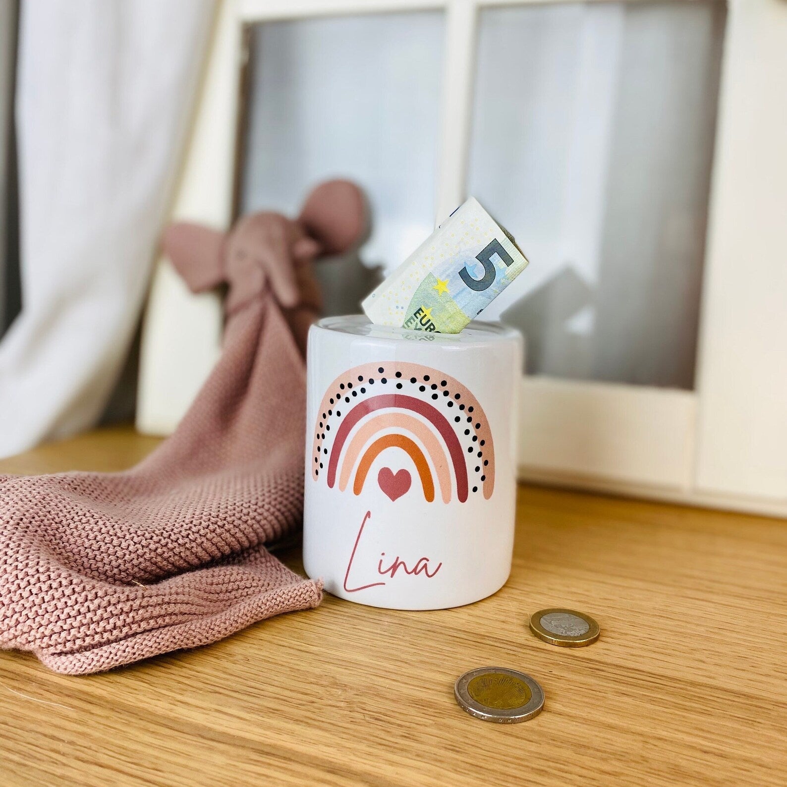 Personalisierte Spardose mit Namen und Regenbogen | Geldgeschenk | Taufe | Geburtstag | Geburt | Gelddose | Geschenk zur Taufe