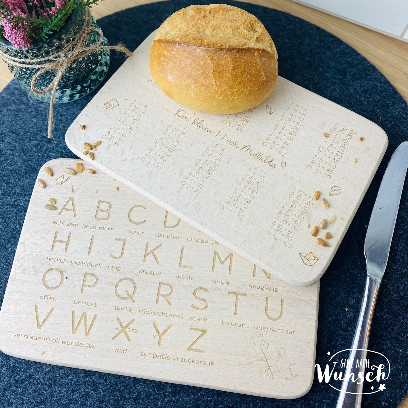 Personalisiertes Frühstücksbrettchen aus Holz zur Einschulung mit ABC oder kleinem 1x1 | Geschenk zur Einschulung, Schulanfang Erstklässler
