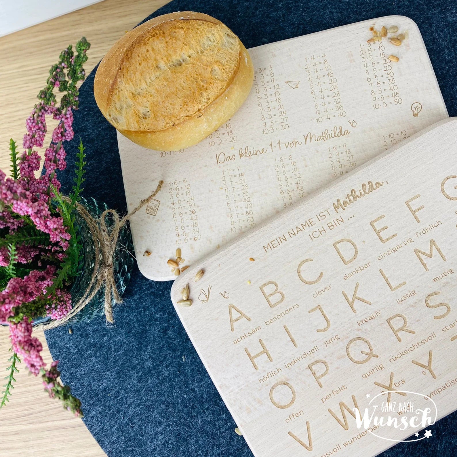 Personalisiertes Frühstücksbrettchen aus Holz zur Einschulung mit ABC oder kleinem 1x1 | Geschenk zur Einschulung, Schulanfang Erstklässler