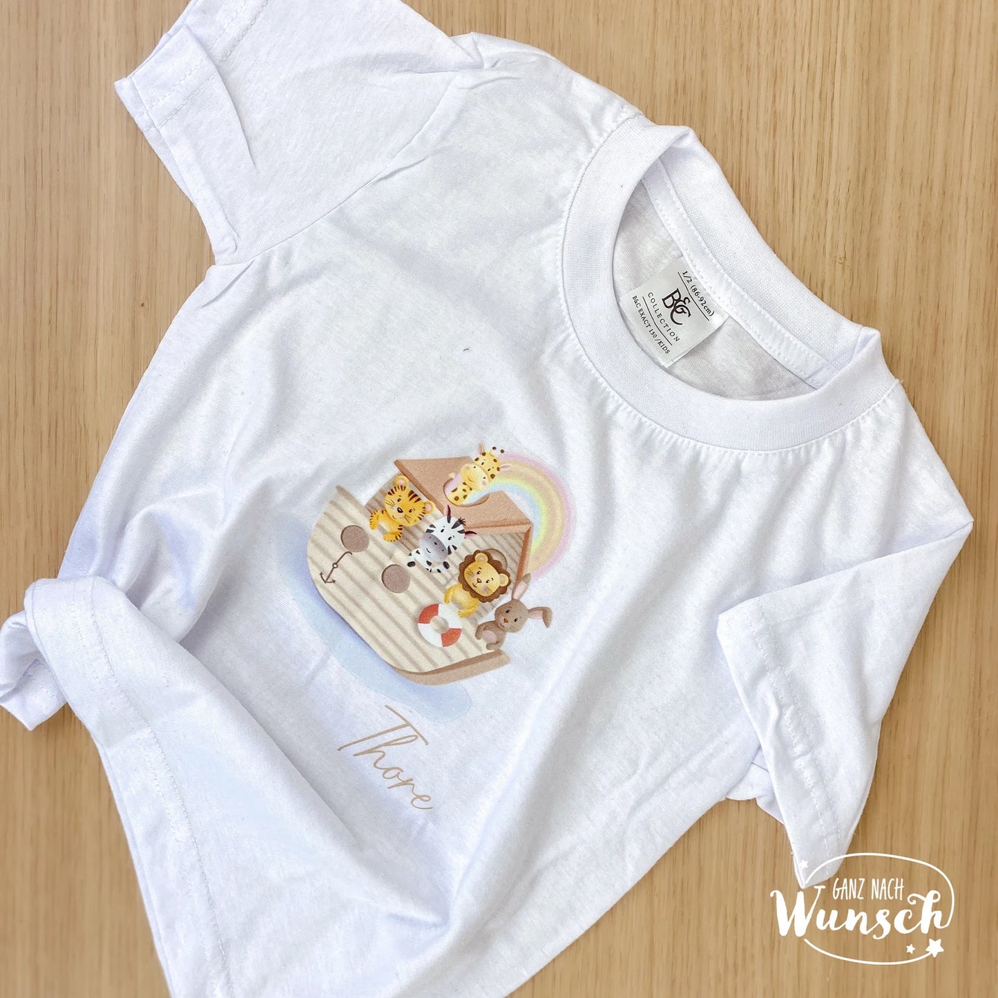 Personalisiertes Kinder T-Shirt Arche Noah mit Name, hochwertiger DTF Druck, Geschenk zur Taufe, 100% Baumwolle