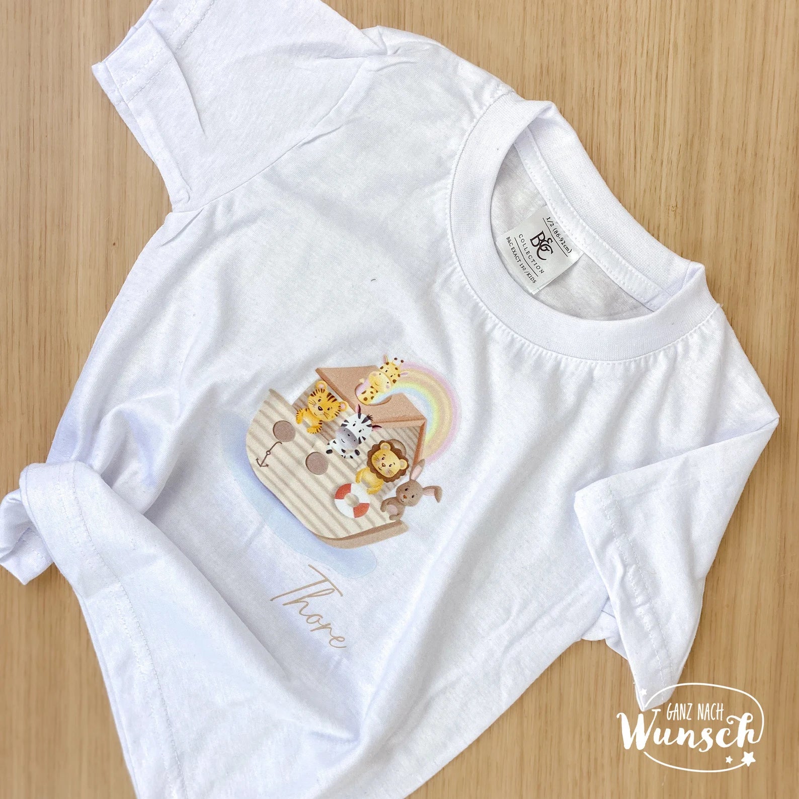 Personalisiertes Kinder T-Shirt Arche Noah mit Name, hochwertiger DTF Druck, Geschenk zur Taufe, 100% Baumwolle