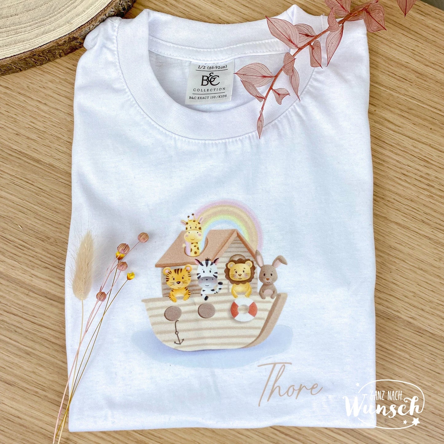 Personalisiertes Kinder T-Shirt Arche Noah mit Name, hochwertiger DTF Druck, Geschenk zur Taufe, 100% Baumwolle