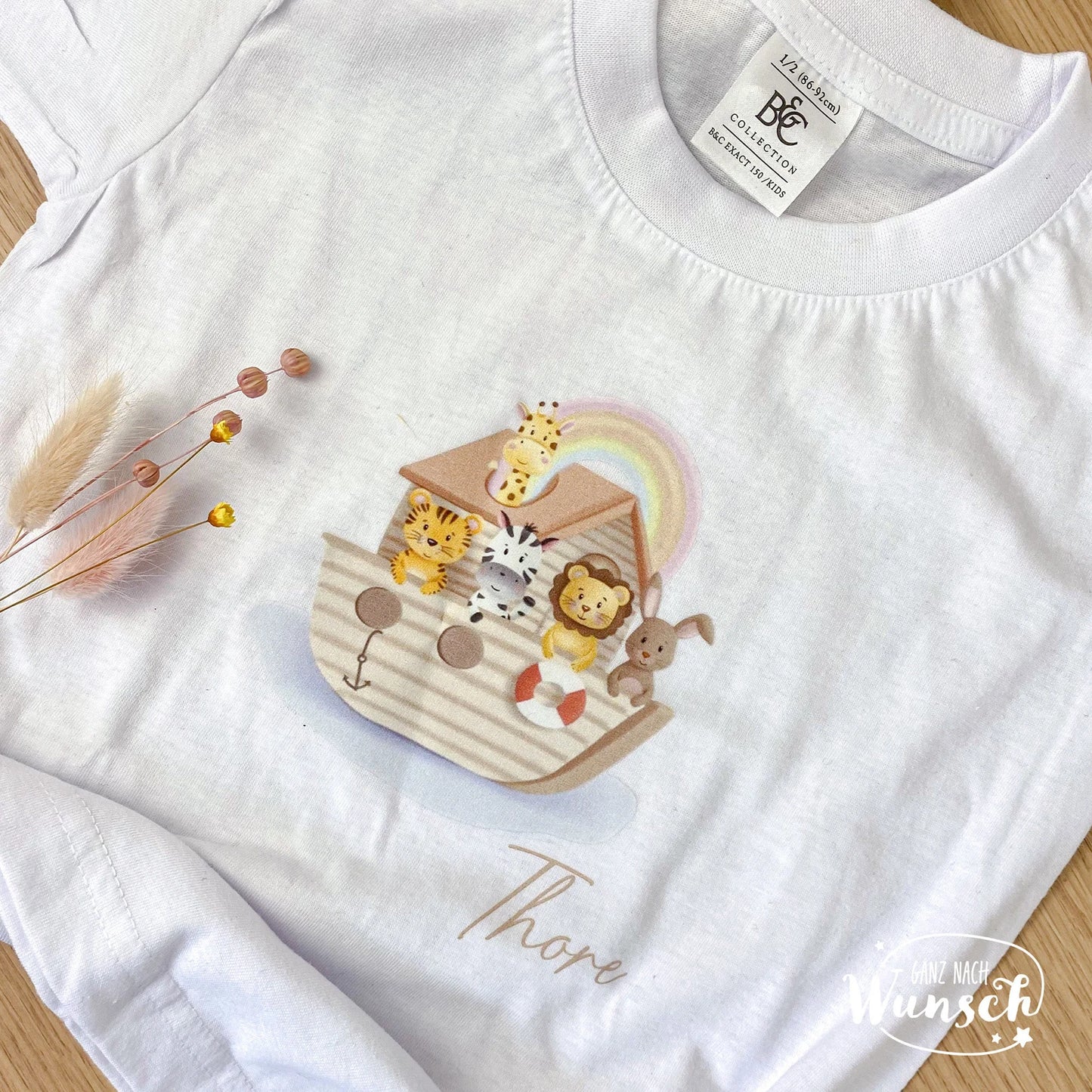 Personalisiertes Kinder T-Shirt Arche Noah mit Name, hochwertiger DTF Druck, Geschenk zur Taufe, 100% Baumwolle